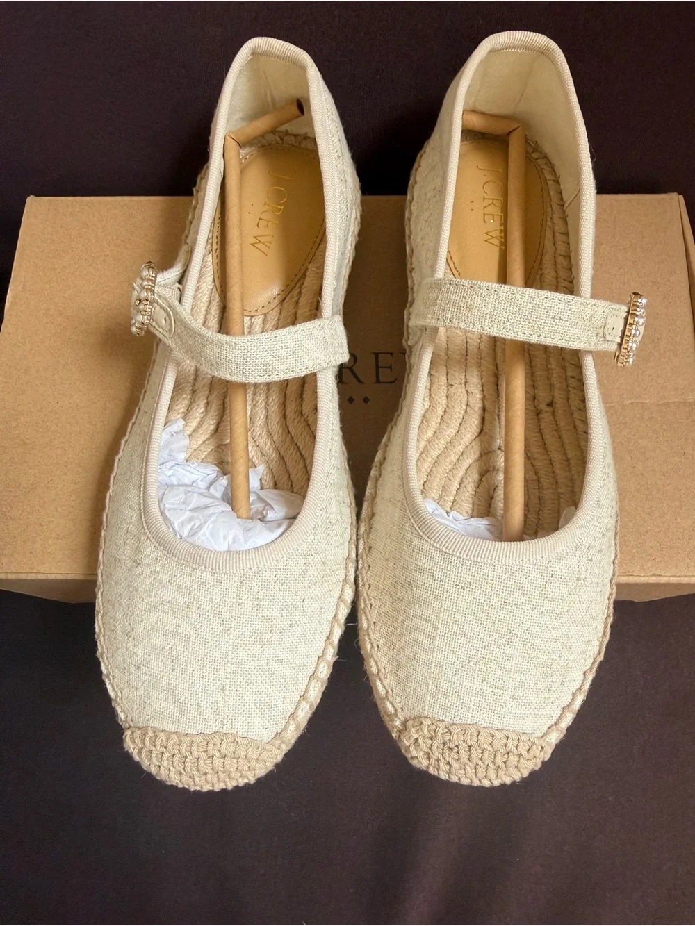 J.Crew Women’s Cream Espadrille Mary Jane Flats with Pearl Buckle size 6